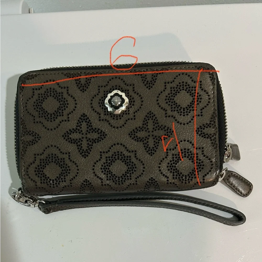 Brighton Octavia Perf Double Zip Tech Wallet Wristlet Pewter Leather Arabesque